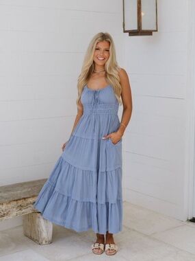 Smocked Tiered Maxi Dress in Light Blue